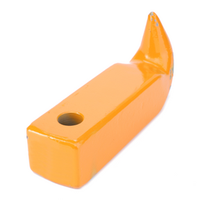 Yellow metal excavator bucket tooth with a hole on one end and a pointed tip on the other, designed for Massey Ferguson machines by AGCO (Product Name: Trailer Hitch - 4294269M1).