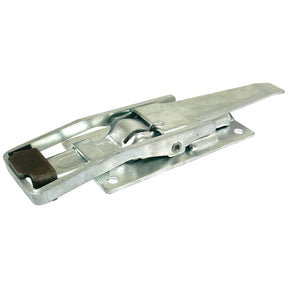 The Sparex Trailer Latch, 260 x 80mm Spring Loaded (Part No. S.51774) is a zinc-plated metal latch clamp featuring a pivoting lever and release mechanism, ideal for securing panels or doors on trailers.