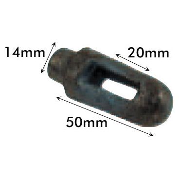 The Trailer Lug - Weld On (Sparex Part No. S.12117), crafted by Sparex, is a perfect metal component for trailers. It features clearly labeled dimensions of 50mm in length, 20mm in height, and 14mm in width.