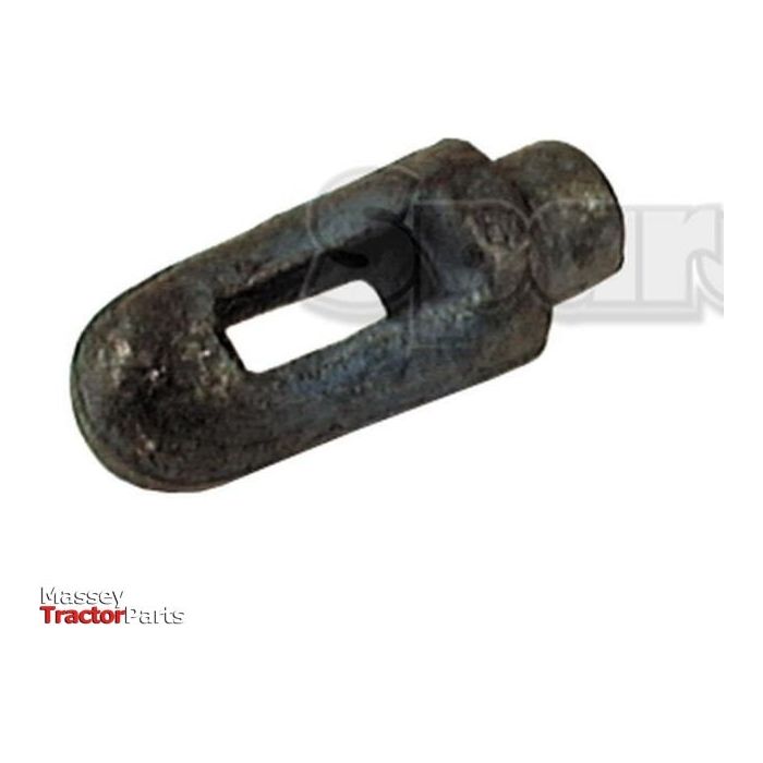 A Trailer Lug - Weld On (Sparex Part No. S.12117) is shown, featuring an iron clevis pin with a threaded end and an elongated slot, designed for use with Massey tractors. The image includes a partially visible Sparex logo and text at the bottom left.