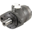 The Trale Hydraulic Orbital Motor OMP125 125cc/rev with a 25mm straight parallel shaft (S.137175) by Sparex features a dark metal exterior housing and two white caps on the top. Ideal for a range of industrial applications, this robust motor guarantees both efficiency and durability.