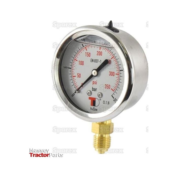 A hydraulic pressure gauge with readings in psi and bar, featuring a robust metal body and a bottom entry BSP brass connector. The Sparex-branded gauge, specifically the Hydraulic Pressure Gauge Ø63mm (0-25 bar) | Sparex Part No.S.153756, offers measurements ranging from 0-25 bar.