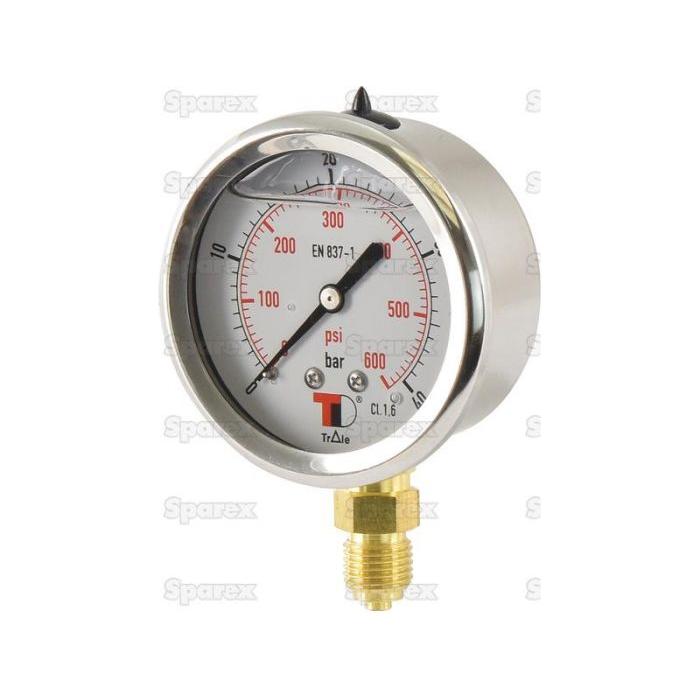 The Hydraulic Pressure Gauge Ø63mm (0-40 bar) by Sparex (Part No. S.153757) is a round, metallic gauge that displays measurements in both psi and bar. It features a brass connector at the bottom entry and can read up to 600 psi and 40 bar, with a secure 1/4'' BSP fitting for attachment.