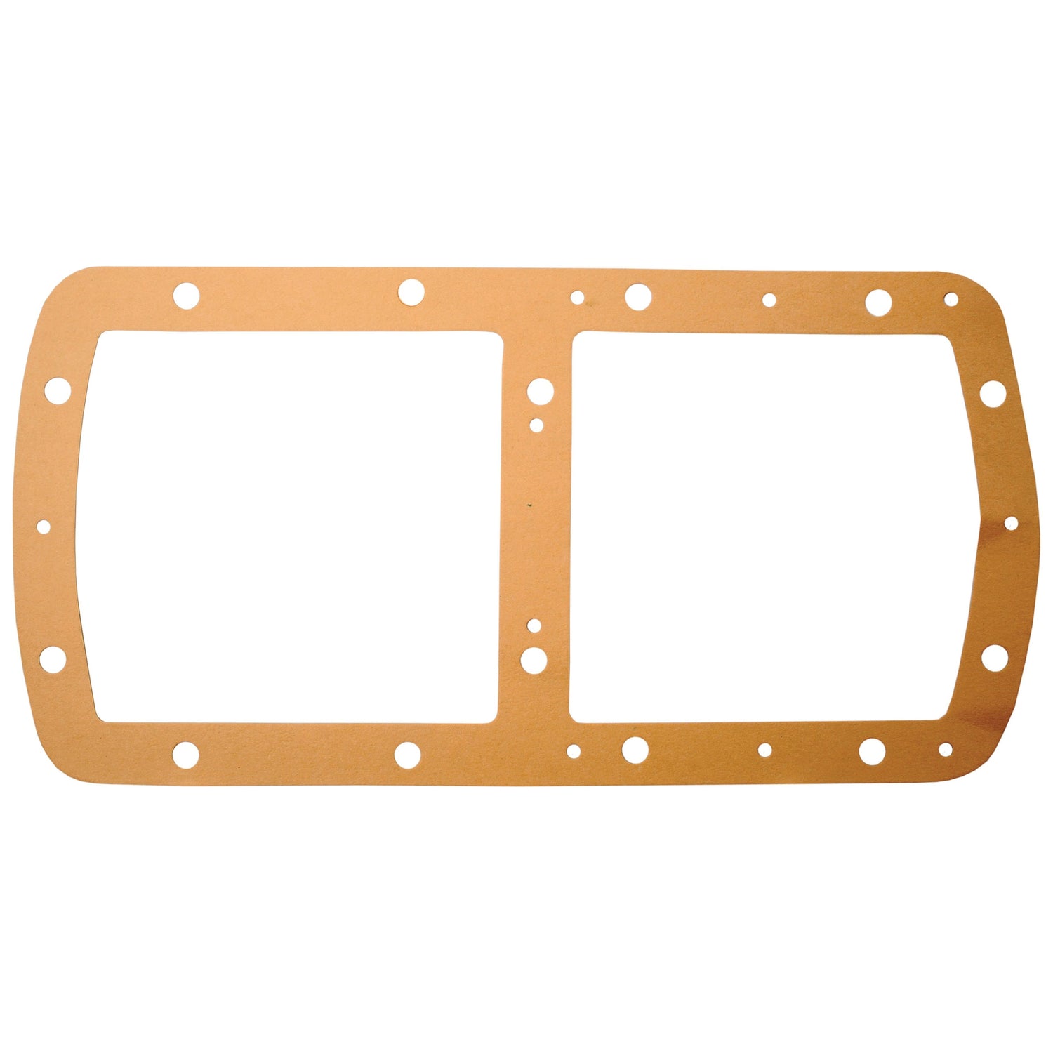 The Transmision Cover Gasket, Sparex Part No. S.43797, is a rectangular gasket with multiple holes around the perimeter and a central divider, made of a brown material, making it perfect for use in Transmission Covers of Massey Ferguson or Landini tractors.