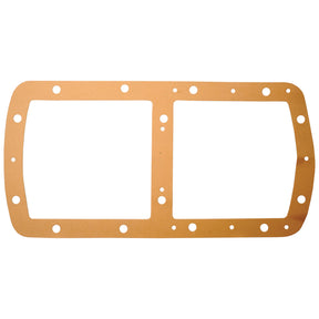 The Transmision Cover Gasket, Sparex Part No. S.43797, is a rectangular gasket with multiple holes around the perimeter and a central divider, made of a brown material, making it perfect for use in Transmission Covers of Massey Ferguson or Landini tractors.