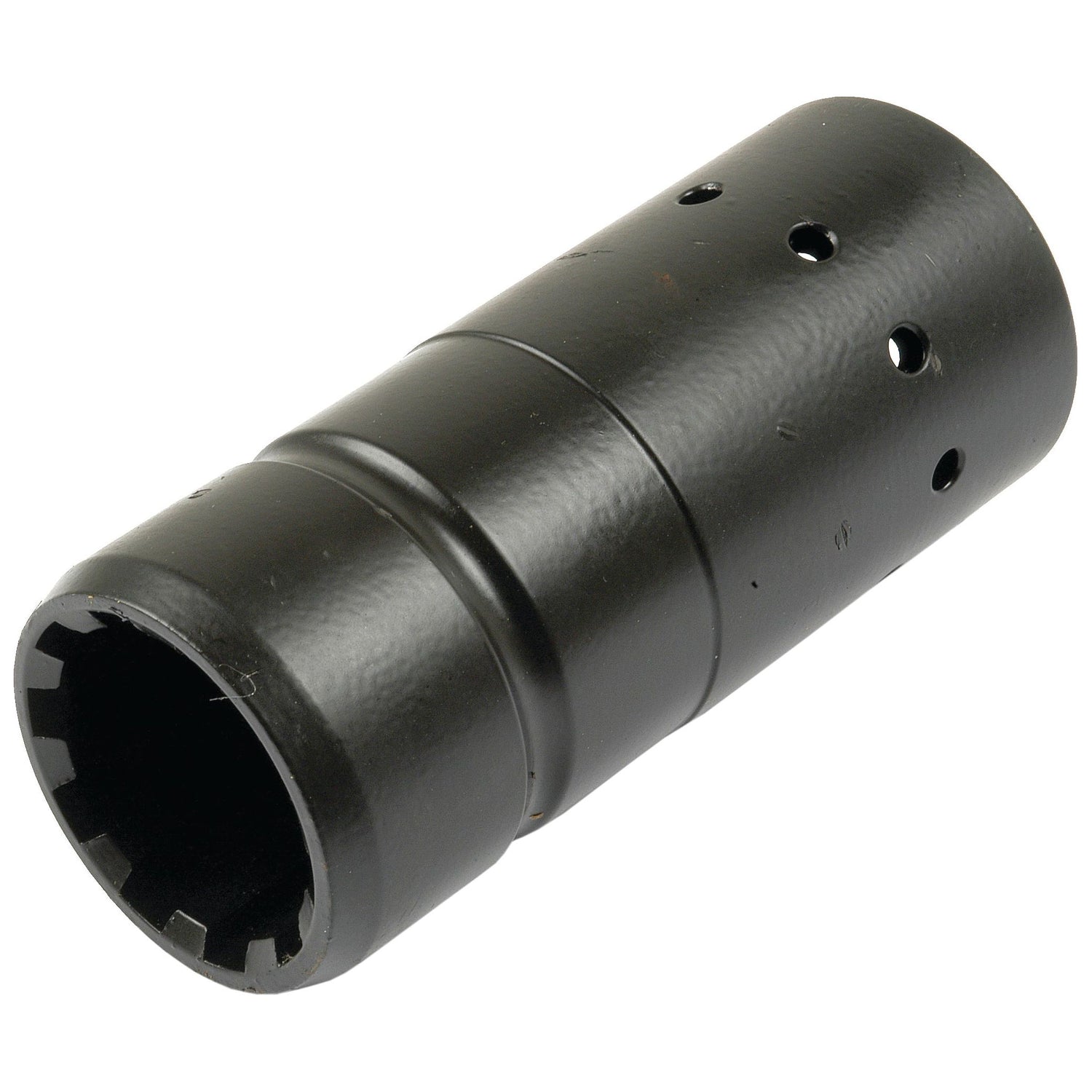 A black cylindrical metal tool with several holes and a notched open end, ideal for Massey Ferguson tractors, known as the Transmission Coupling | Sparex Part No. S.40810 by Sparex.
