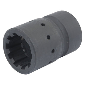 A black cylindrical mechanical part, featuring multiple holes and an inner toothed section, designed for a precise fit within a Massey Ferguson's system is the Transmission Coupling | Sparex Part No. S.75193 from Sparex.
