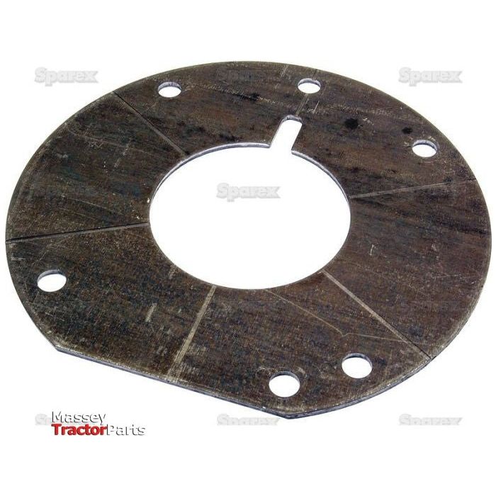 A circular metal disc with several holes and a central cutout, this worn and rusted front cover plate is labeled as "Transmission Front Cover Plate | Sparex Part No.S.43441" by Sparex in the bottom left corner. Often used as Massey Ferguson spare parts, it's also compatible with the Sparex range.