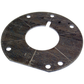 The Transmission Front Cover Plate from Sparex, Part No. S.43441, is a round, flat metal washer featuring a central hole and five smaller holes evenly distributed near the edge, making it perfect for Massey Ferguson tractors.