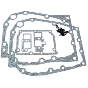 A Sparex Transmission Gasket Set (Sparex Part No. S.58863) featuring gray engine gaskets and small black O-rings, meticulously arranged on a white background.