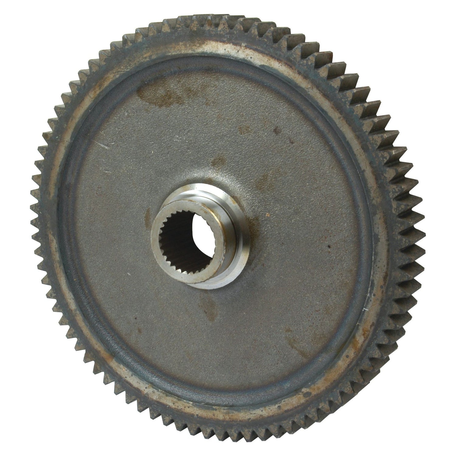 A close-up view of the Transmission Gear PTO - S.65350 by Sparex, featuring splines and a central hole, exhibiting signs of rust and wear.