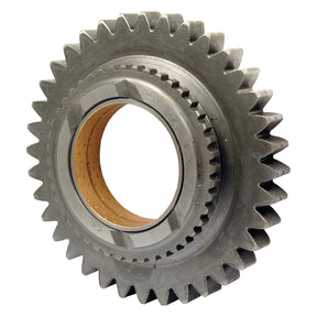 A close-up image of the Sparex Transmission Gear (Part No. S.42153) with sharp teeth and a distinctive brown inner ring, designed for use in mechanical assemblies for Massey Ferguson machinery.