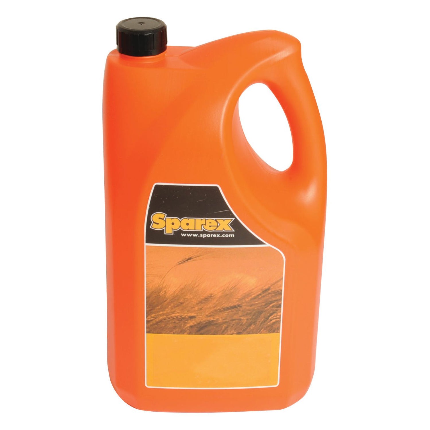 An orange plastic container with a handle, black cap, and a label that reads "Transmission Oil HI-Q-4 10W, 5 ltr(s) | Sparex Part No.S.105943" featuring an image of wheat. Ideal for Gear & Transmission Lubricants from the Sparex brand.