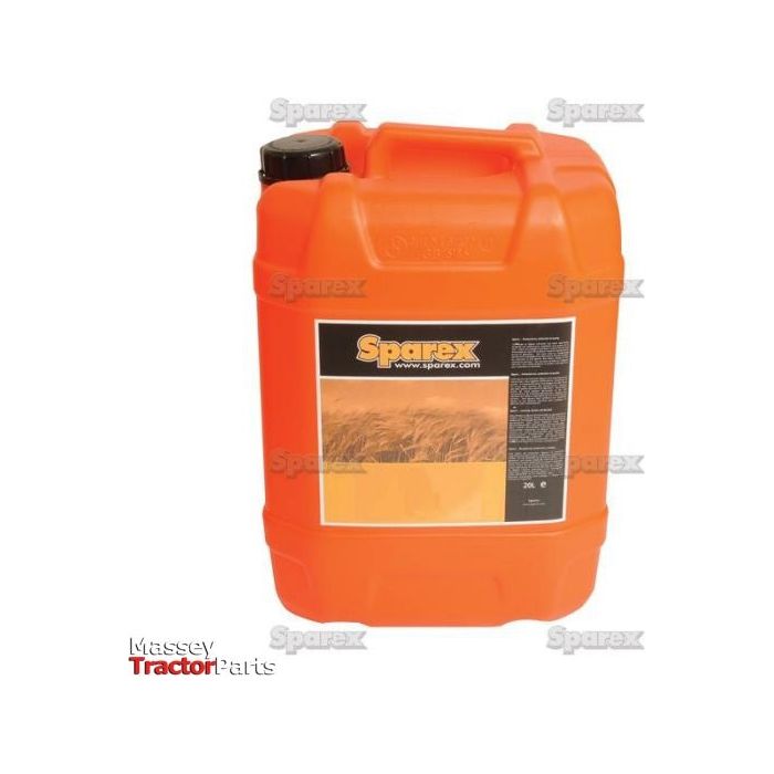 A bright orange container labeled "Transmission Oil HI-Q-4 30W, 20 ltr(s) | Sparex Part No.S.105948" featuring a black cap. The label displays text alongside an image of a field and is designed for agricultural use, specifically for gear and transmission lubricants. The logo "Massey Tractor Parts" is visible on the bottom left.