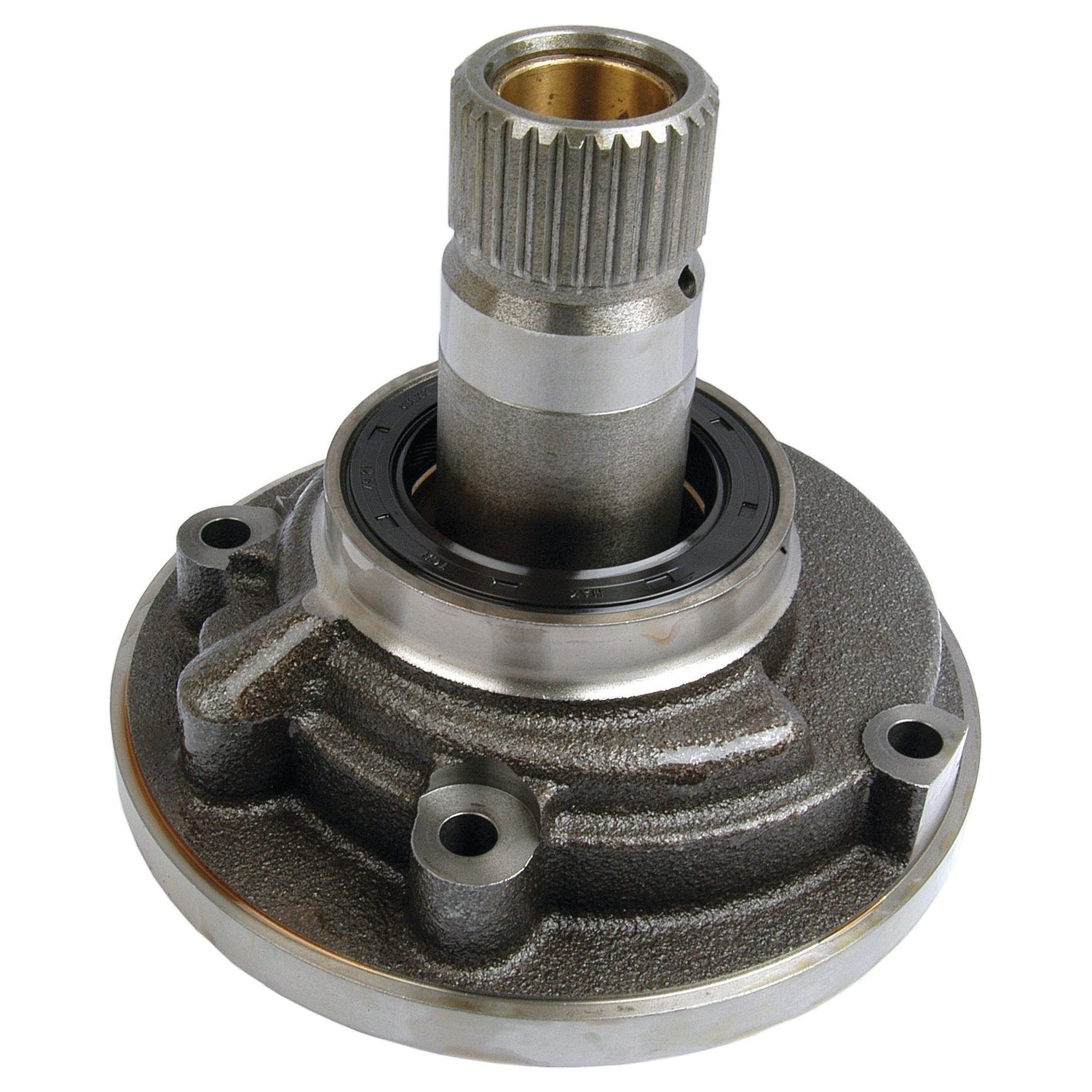 Close-up image of a Sparex Transmission Oil Pump (Sparex Part No. S.41613), featuring a cylindrical section and a flange with four bolt holes, suitable for Ford New Holland or Massey Ferguson vehicles.