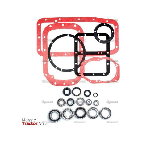 The Transmission Repair Kit by Sparex (Part No. S.66962) includes a comprehensive set of replacement gaskets, bearings, and seals for Massey Ferguson tractor parts, featuring various sizes of circular and rectangular gaskets along with multiple bearing rings.