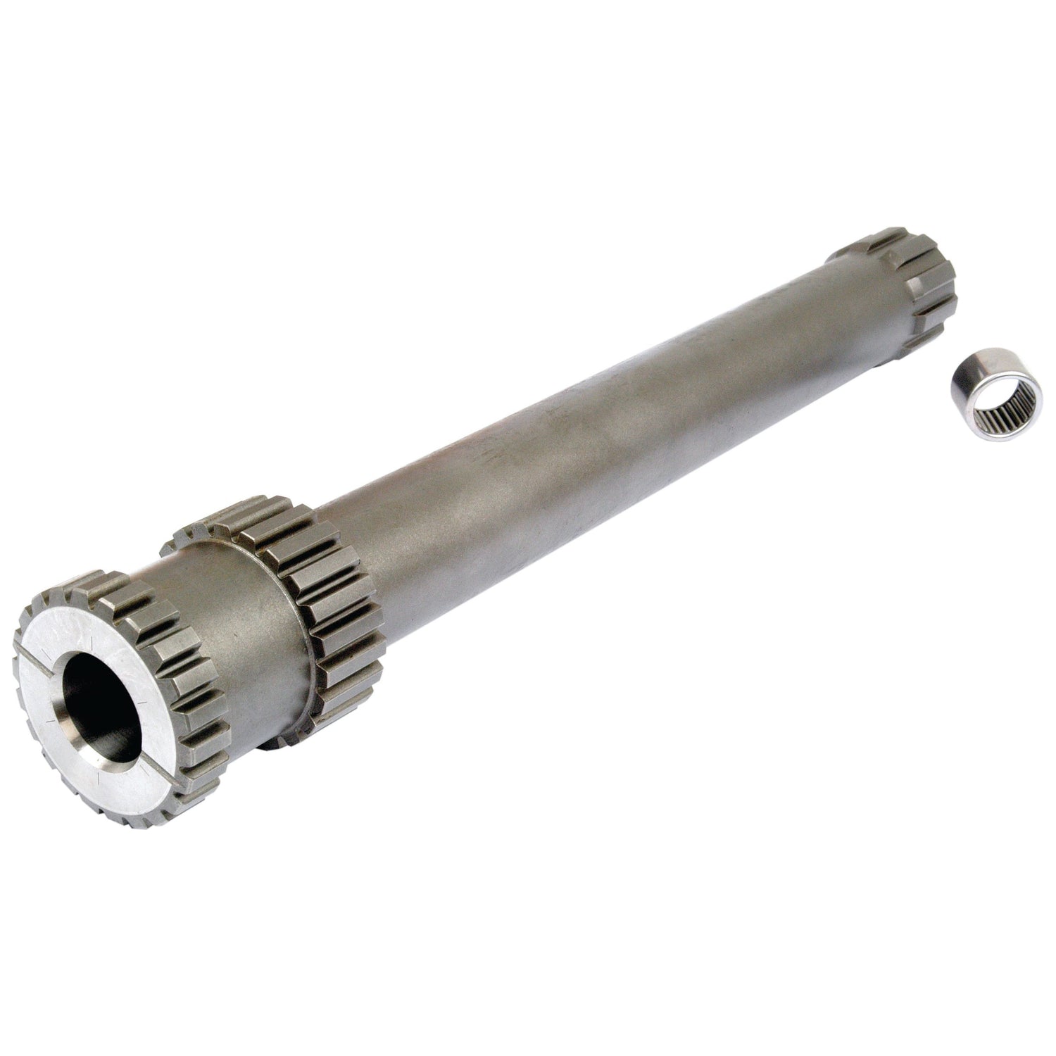Introducing the Transmission Shaft Assembly by Sparex (Part No. S.41580), a metal cylindrical gear shaft featuring toothed sections at both ends, and including a separate small cylindrical gear component, specifically designed for Landini tractors.