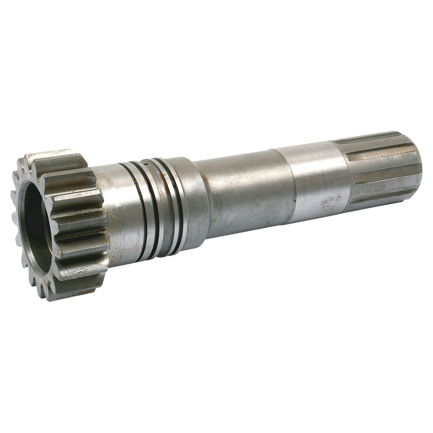 The Main Shaft (Sparex Part No.S.40776) by Sparex is a metal gear shaft with a cylindrical body and toothed end, designed for use in machinery such as Massey Ferguson tractors to transfer motion and power.