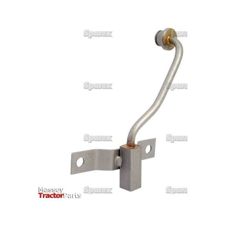 A metallic tractor part with two mounting holes and a curved pipe section, known as "Transmission Tube Assembly" (Sparex Part No.S.65399) and labeled "Sparex" and "Massey Tractor Parts," designed to fit Ford / New Holland models.