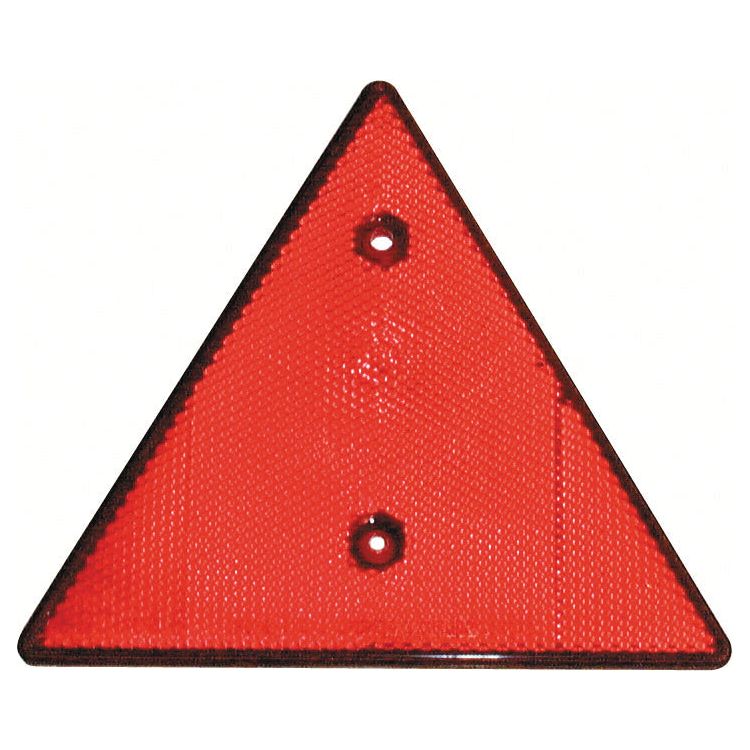 The Sparex Triangle Reflector (Red) 150mm, Part No.S.3869, is a red reflective triangular road sign featuring two mounting holes. This durable reflector is ideal for warning or indicating caution, ensuring maximum visibility and safety on the road.