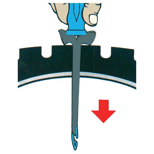 Illustration of a hand using a blue tool from the Sparex Tyre Repair Kit Tubeless Kit EM Sealastic (Sparex Part No. S.31592) to remove a tire from a wheel rim, with a red arrow pointing downwards.