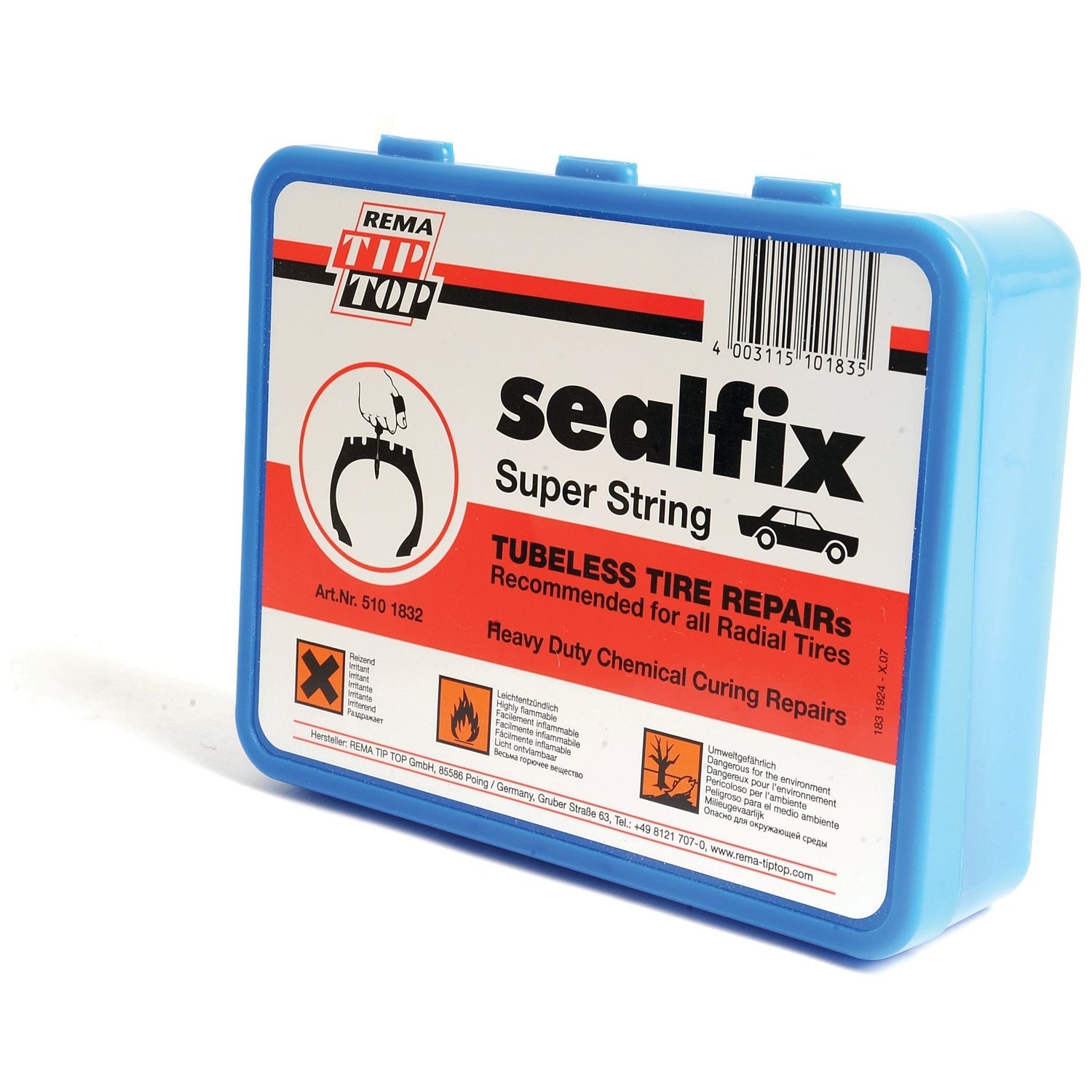 The Sparex Tyre Repair Kit Tubeless Workshop Kit (Sparex Part No. S.52276) includes a blue plastic case labeled "Sealfix Super String" for tubeless tire repairs, recommended for all radial tires, and contains heavy-duty chemical curing solutions. This comprehensive kit ensures you have everything needed for quick and effective tire fixes.