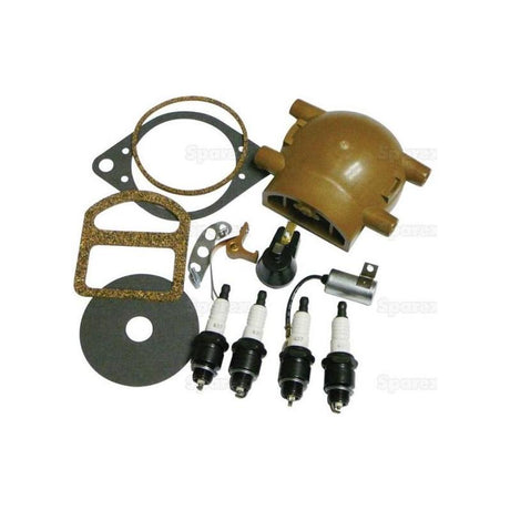 The Ignition Kit | Sparex Part No.S.67876, under the Sparex brand, designed for Ford or New Holland models, includes a distributor cap, spark plugs, gaskets, and various small parts elegantly arranged on a white background.