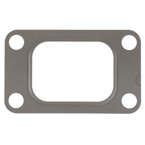 A rectangular metal gasket with four circular holes, one at each corner, designed to withstand high exhaust gas temperatures. Fits Fendt models and is a genuine AGCO product. Product Name: Fendt - Turbo Gasket - F836200100180