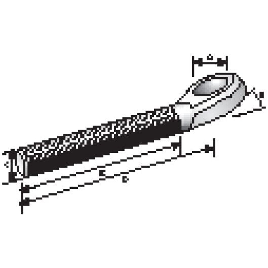 Illustration of the Stabiliser Eye Bolt (Sparex Part No. S.193) with labeled dimensions, featuring a cylindrical handle and a looped end. Includes detailed annotations of length and thread length for precision, showcasing the 3/4'' UNC - LH specifications by Sparex.