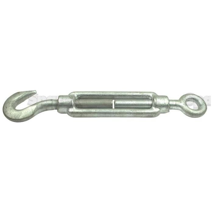 A Sparex Turnbuckle - Hook/Eye with a diameter of M6 (S.11078) is used for adjusting tension or length in ropes and cables. Consult product specifications to determine the maximum load it can handle efficiently.