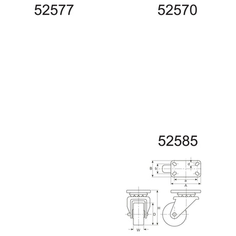 Technical diagram displaying the dimensions and design specifications for models 52577, 52570, and Sparex Part No. S.52585, featuring Turning Plastic/Nylon Castor Wheels with a capacity of 120kgs and Wheel Ø of 80mm from the brand Sparex.