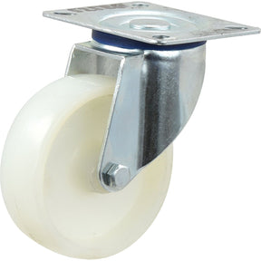 The Sparex Turning Plastic/Nylon Castor Wheel (Part No. S.52585), featuring a metal swivel caster, an 80mm diameter white plastic/nylon wheel, and a mounting plate, offers a capacity of 120kgs.