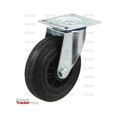 A heavy-duty Sparex Turning Rubber Castor Wheel (Part No. S.53627) with a 125mm wheel diameter and a 100kgs capacity, featuring a black rubber tire and metal mounting plate. The background displays a repeating pattern of the word "Sparex." The image also showcases the "Massey Tractor Parts" logo.