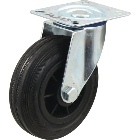 The Sparex Turning Rubber Castor Wheel (Sparex Part No. S.52571) features a black 125mm tire, a metal mounting plate, and a robust design that supports up to 100kgs capacity.