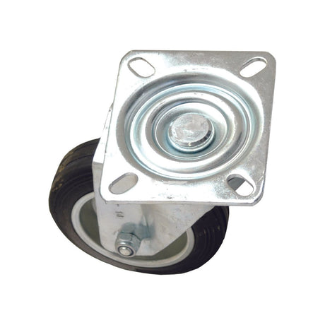 The Sparex Turning Rubber Castor Wheel (Sparex Part No. S.53627) features a 125mm diameter and a metal mounting plate, designed to handle up to 100kgs.