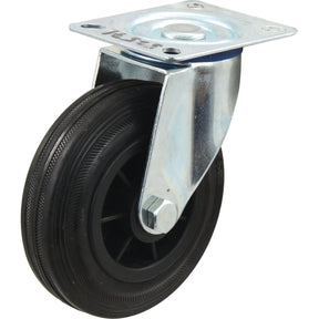 The Sparex Turning Rubber Castor Wheel (Sparex Part No. S.52573), featuring a 200mm wheel diameter, is mounted on a metallic plate with four screw holes and has an impressive capacity of 205kgs.