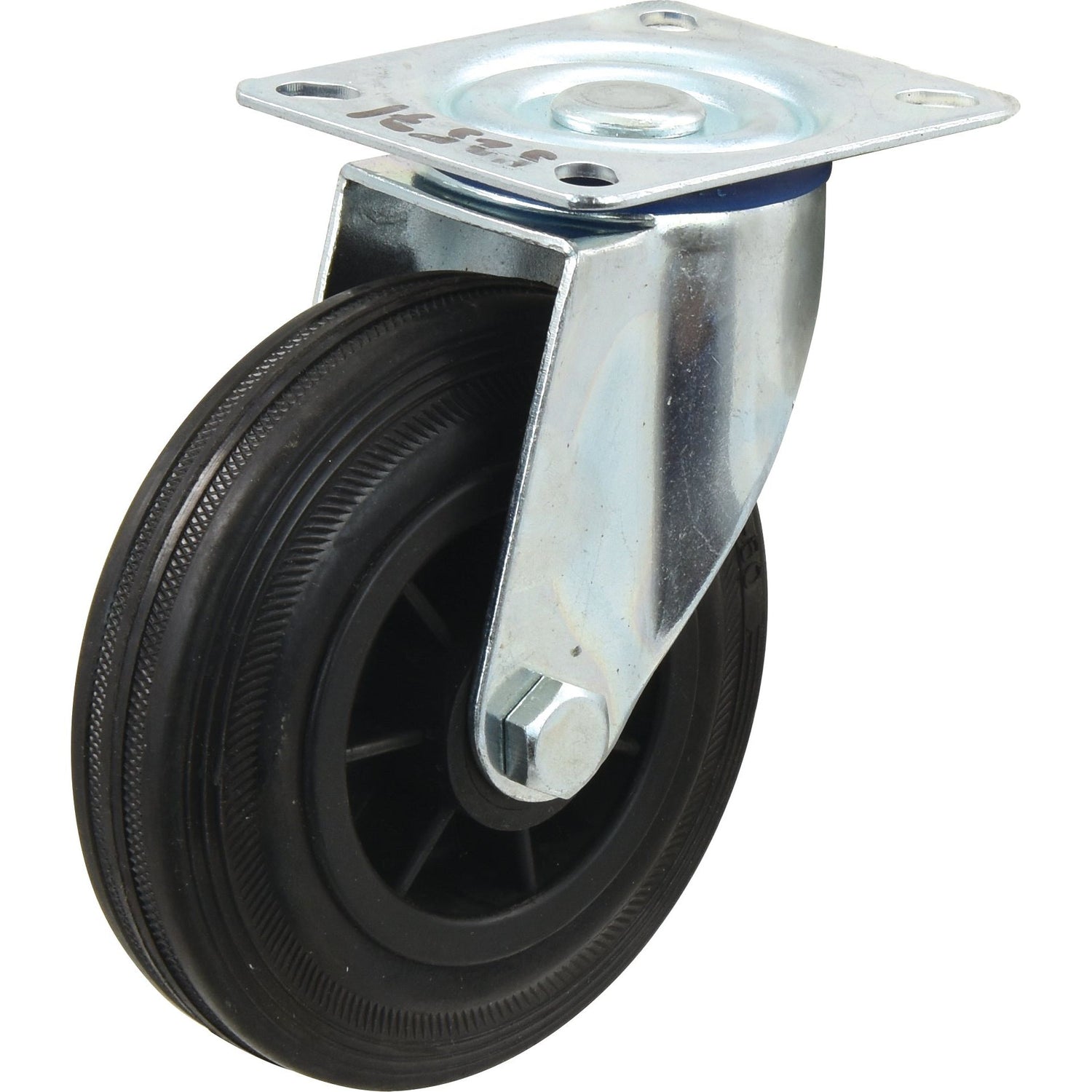 A metal bracket with a mounted black swivel caster wheel, featuring the Sparex Turning Rubber Castor Wheel (S.53628) Ø: 200mm and a capacity of 205kgs.