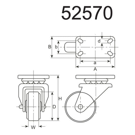 Technical drawing of the Sparex Turning Rubber Castor Wheel, labeled "S.52570," showing various dimensions (A, B, D, H, W, a, b, d) with front and side views detailing its structure and measurements. The wheel has a diameter of 80mm and a load capacity of 50kgs.