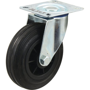 The Sparex Turning Rubber Castor Wheel (Sparex Part No. S.53626) comes with a metal mounting plate and a black rubber tire, featuring a Wheel Ø of 100mm and a Capacity of 70kgs.