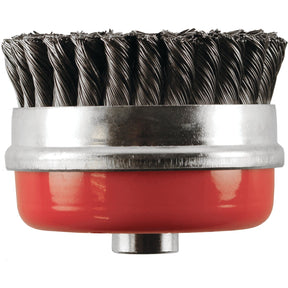 The Sparex Twist Knot Cup Wire Brush 95mm (Sparex Part No. S.25365) features a 95mm red metal base with twisted bristles for effective cleaning and polishing.