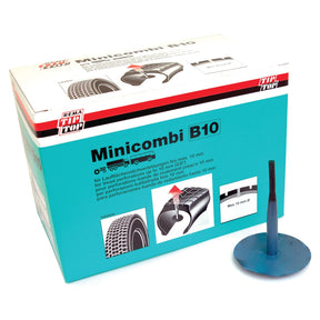 A box of the Tyre Repair Kit Minicomb B10 (Sparex Part No. S.31525) with one plug standing upright. The packaging, from the reputable brand Sparex, features illustrations demonstrating proper use for repairing tread damage and punctures up to 10 mm, making it an essential component of any tire repair kit.