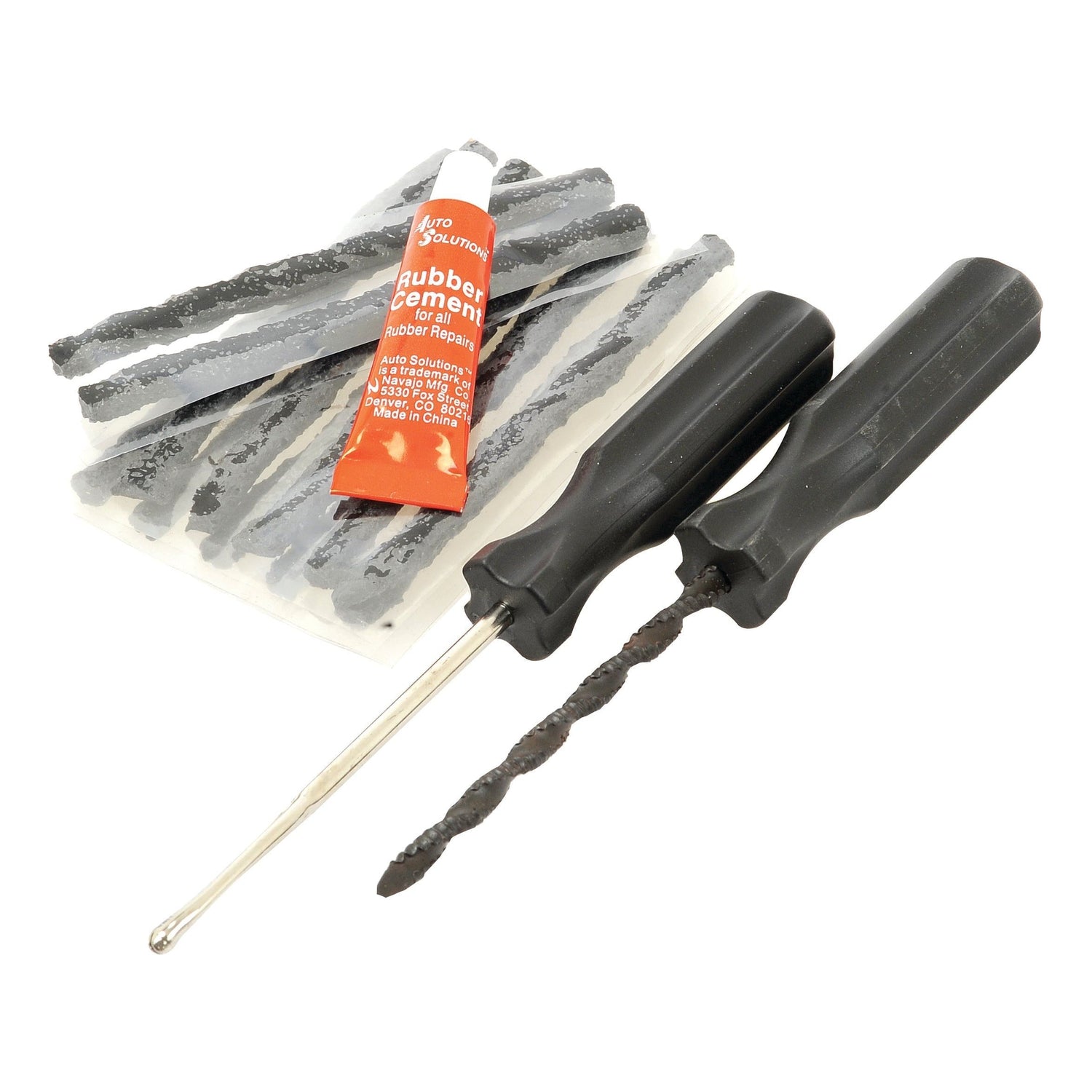 The Sparex Tyre Repair Kit - Seals and Needle (14 pcs.) | Sparex Part No. S.23528 includes strips of rubber, a tube of rubber cement, and two tools with black handles. This comprehensive set is perfect for efficient repairs.