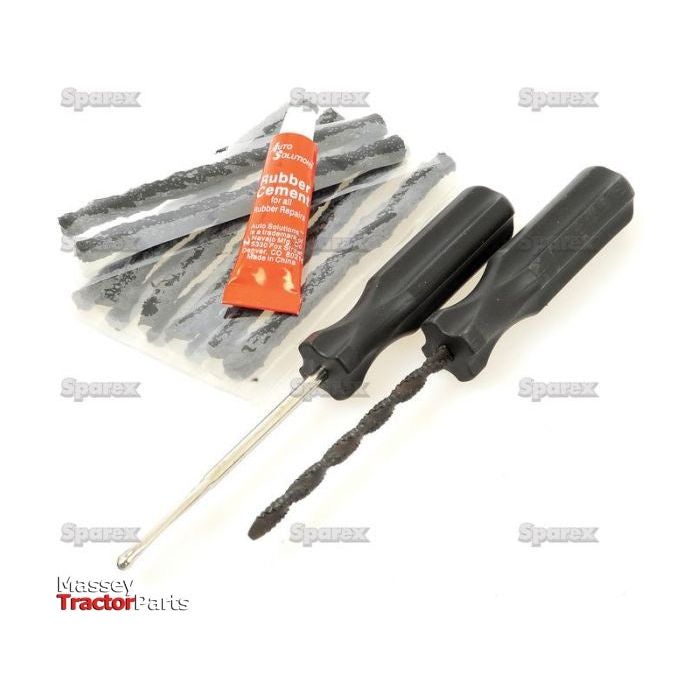 The Sparex Tyre Repair Kit - Seals and Needle (14 pcs.) | Part No.S.23528 includes a reamer tool, an insertion needle, an orange tube of rubber cement, and multiple tire plug strips to ensure effective seals.