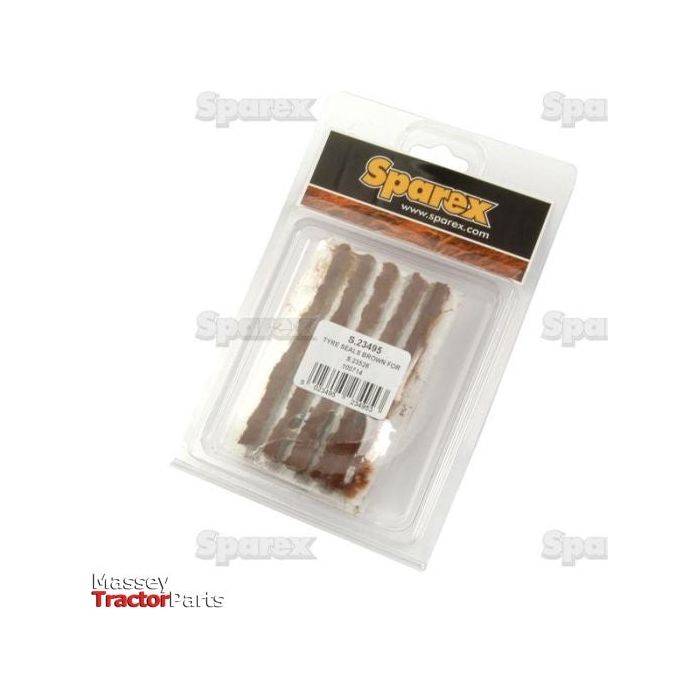 A package of Tyre Seals (Brown) for S.23526, bearing the Sparex Part No. S.23495, comes in a clear plastic container labeled "S.33498." The Sparex logo and website are prominently displayed on the top of the package. Ideal for quick fixes, these Tyre Seals ensure you get back on track without delay.