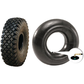 A Tyre & Tube Set, 4.10/3.50 - 4, 4PR, TR87 Angled Valve - S.137619 from Sparex is displayed alongside an inner tube with a close-up inset showing the TR87 angled valve, making it ideal for rugged terrains.
