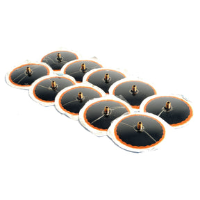 Ten Truck Tyre Valve Patches VG8 by Michelin, with each patch consisting of a round black rubber design featuring orange edges and a central metal valve stem, arranged in a grid pattern and marked as Ø80mm. Sparex Part No.S.56049 (10 pcs.).