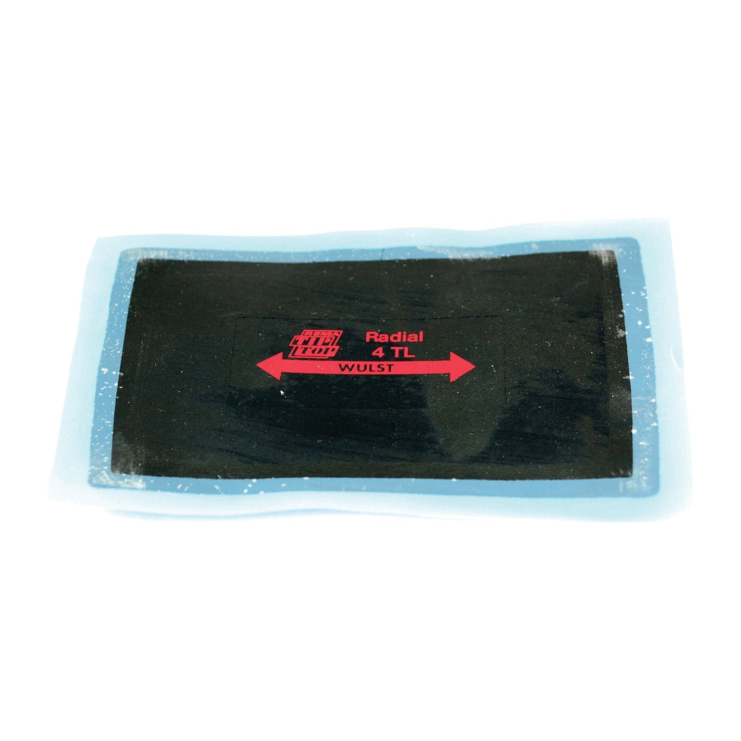 A high-quality Tyre Repair Patch measuring 55 x 75mm, bearing "Radial 4 TL Wulst" and a double-headed red arrow, encased in a clear plastic cover is ideal for emergency fixes. This patch is manufactured by Sparex under the product name Tyre Repair Patches 55 x 75mm 1TL | Sparex Part No.S.31583.
