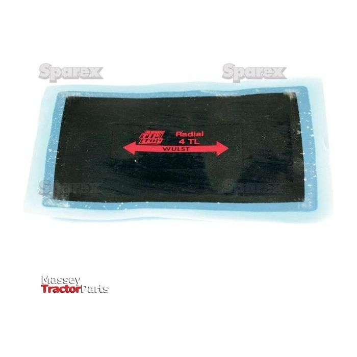 Introducing the Tyre Repair Patches 80 x 125mm 4TL | Sparex Part No. S.31586. This rectangular radial tire patch features a black center and blue border, with red and white text indicating it is specifically designed for radial tires. Measuring 80 x 125mm, these patches are ideal for any repair job. Proudly branded by Sparex, you can trust in their quality and reliability.