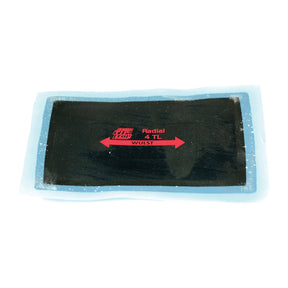 A rectangular tire patch labeled "Radial 4 TL WULST," featuring horizontally pointing red arrows to indicate the application direction, is available. This Sparex Tyre Repair Patch, measuring 80 x 125mm and identified by part number S.31586, guarantees a precise and reliable fit.