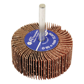The Tyre Replacement Flap Wheel 80g - S.52787 by Sparex is a circular flap wheel sander featuring layered abrasive flaps and a central metal shank, marked with specifications on a blue label. This ABRACS tool boasts an 80-grit grade, and the recommended RPM ensures optimal performance.